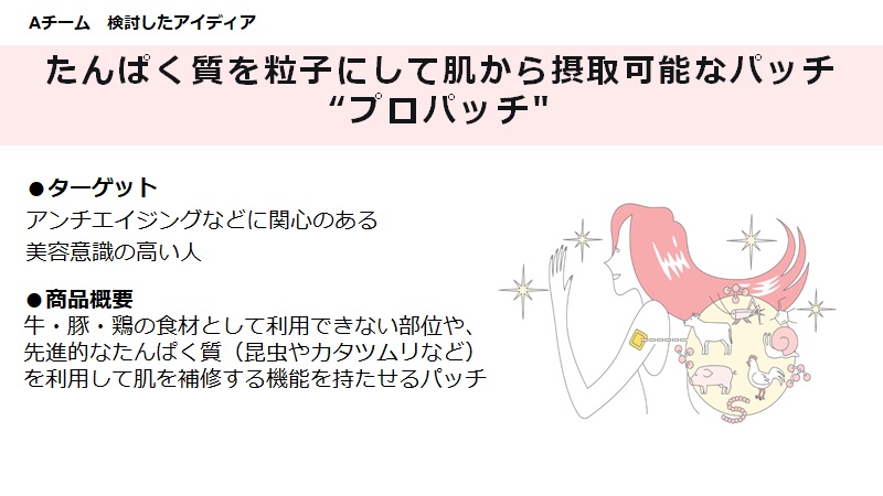 Aチーム 検討したアイディア たんぱく質を粒子にして肌から摂取可能なパッチ“プロパッチ” ターゲット：アンチエイジングなどに関心のある美容意識の高い人 商品概要：牛・豚・鶏の食材として利用できない部位や、先進的なたんぱく質（昆虫やカタツムリなど）を利用して肌を補修する機能を持たせるパッチ